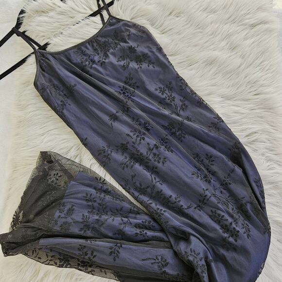 Y2K Navy Blue Black Velvet Burnout Mesh Floral Maxi Slip Dress Medium Whimsigoth - Picture 12 of 16